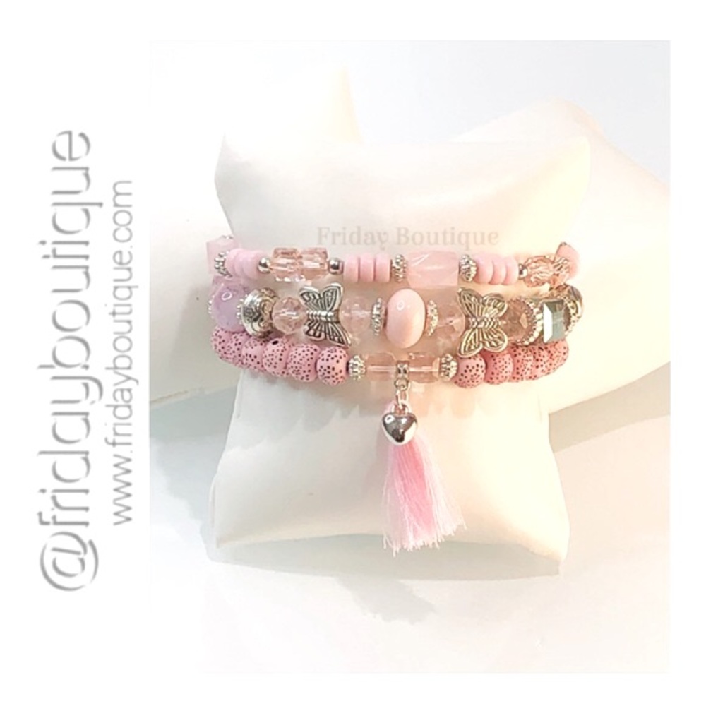 Pink Bohemian Butterfly Multi Layer Bracelets with Jewelry Pouch Gift Bag